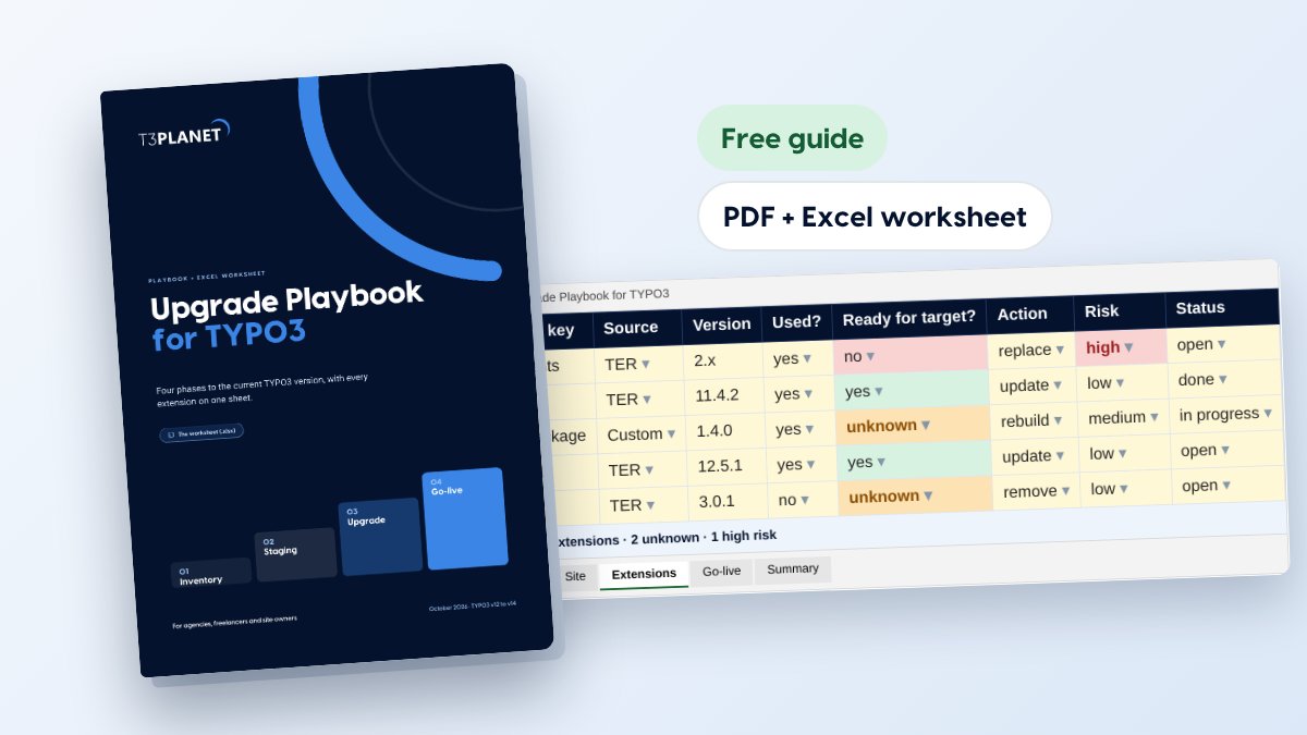 Cover of the Upgrade Playbook for TYPO3 with the Excel worksheet that lists every extension
