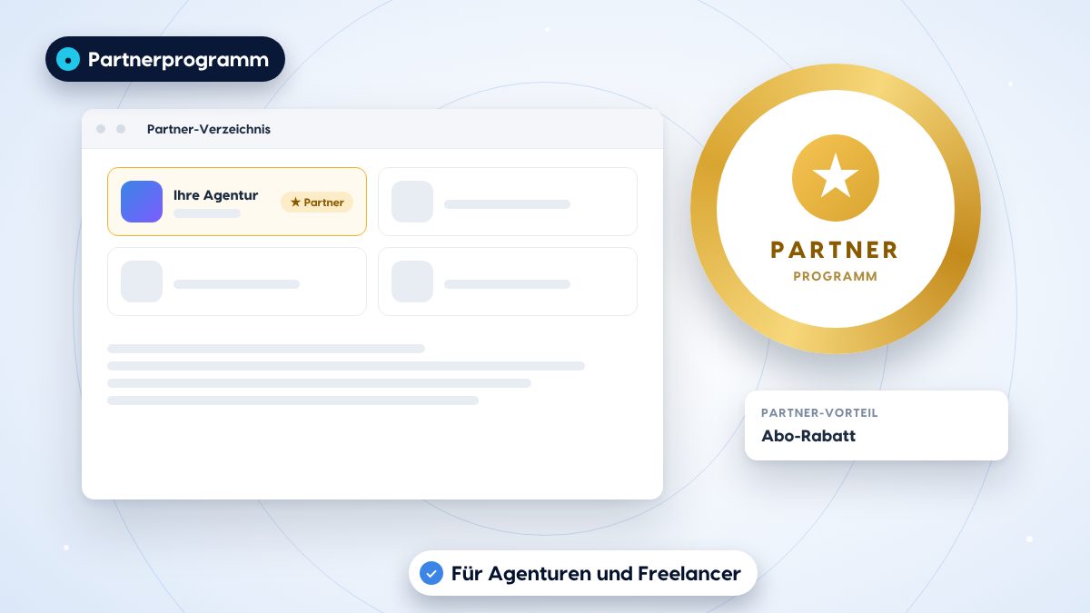 Ein goldenes Partner-Badge neben einem Eintrag im Partner-Verzeichnis, der Ihre Agentur hervorhebt