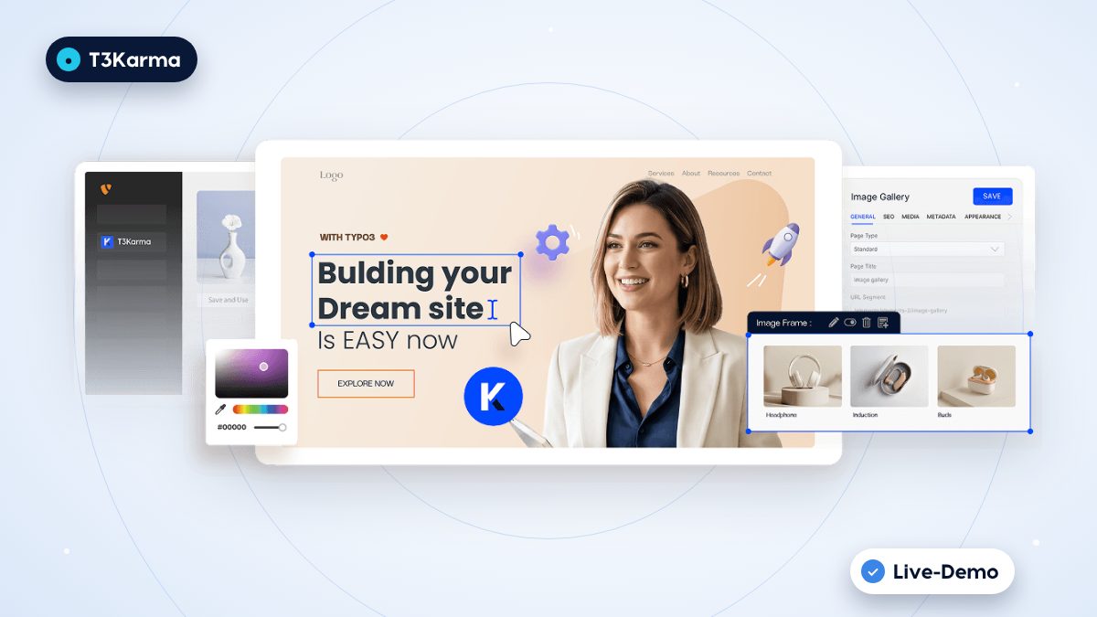Das TYPO3-Template T3Karma: eine Seite in Bearbeitung mit Bildergalerie und Farbwähler