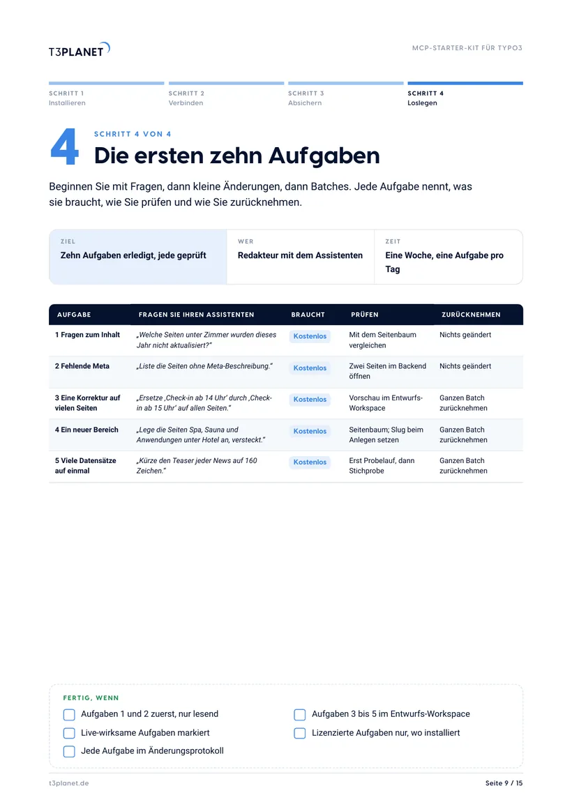 Beispielseite aus dem MCP-Starter-Kit: die ersten zehn Aufgaben
