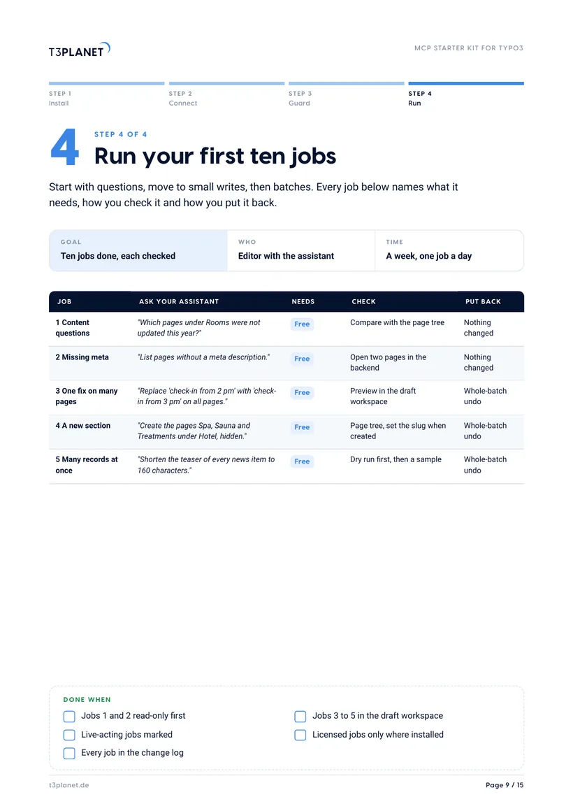Sample page from the MCP Starter Kit: the first ten jobs