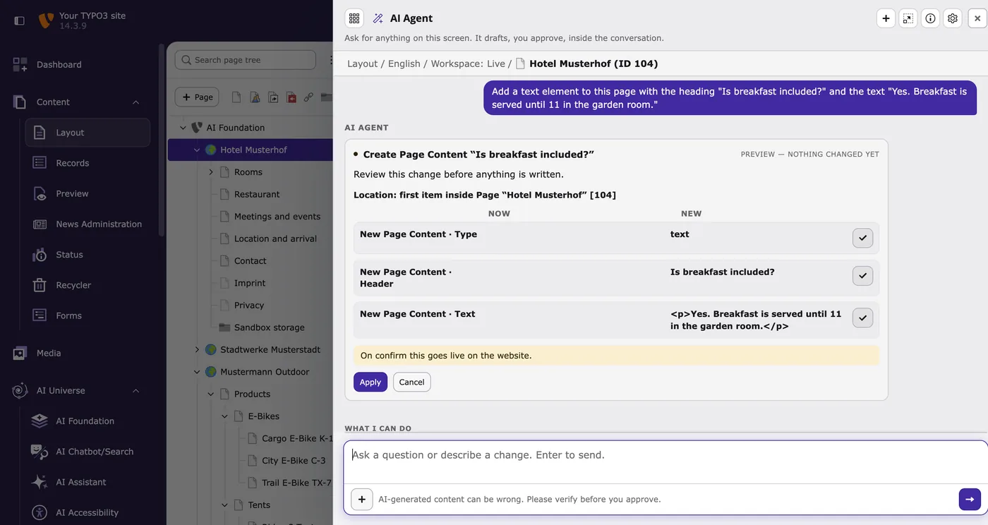 AI Agent in TYPO3 v14: eine Anfrage, die Vorschaukarte und Apply oder Cancel, Beispieldaten