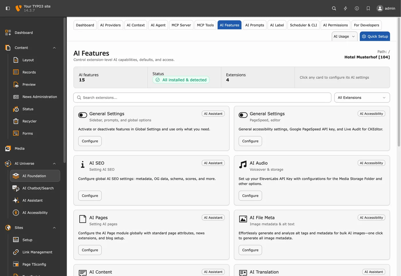 AI Features in TYPO3 v14: KI-Funktionen pro Extension, Beispielseite