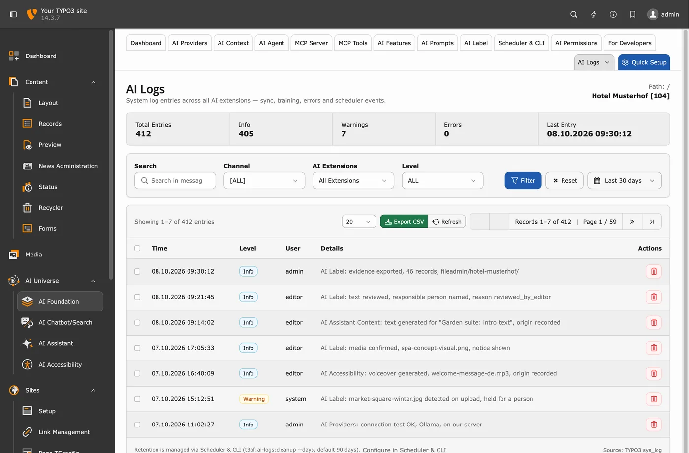 AI Logs: Erzeugungen, Ablehnungen und Anbieterprüfungen, Beispieldaten