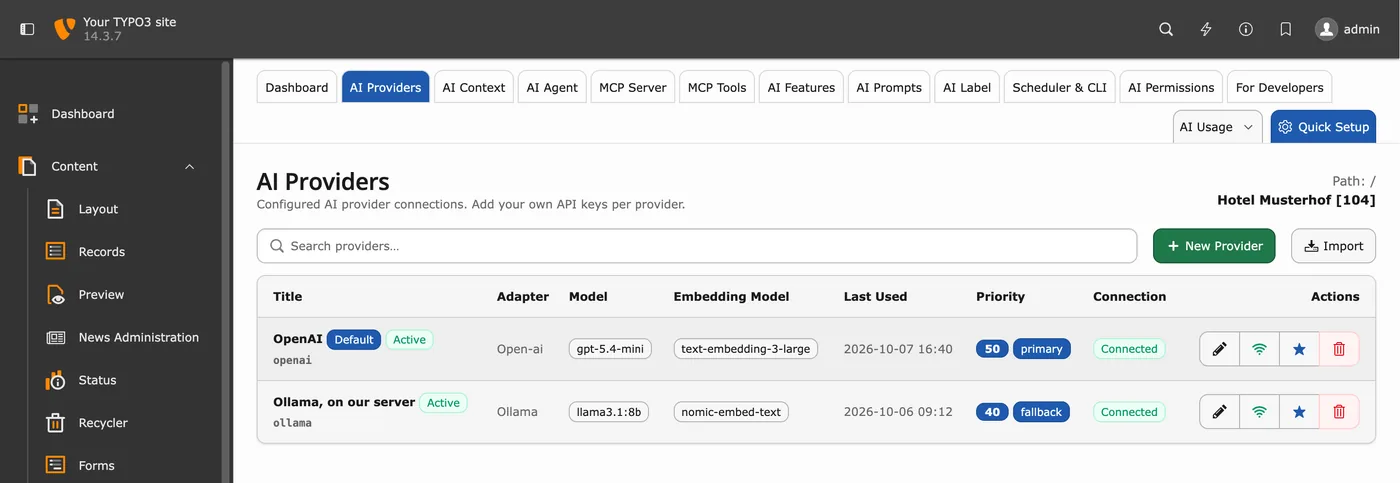 AI Providers in TYPO3 v14: eigene Schlüssel, in der Liste nie sichtbar, Beispieldaten