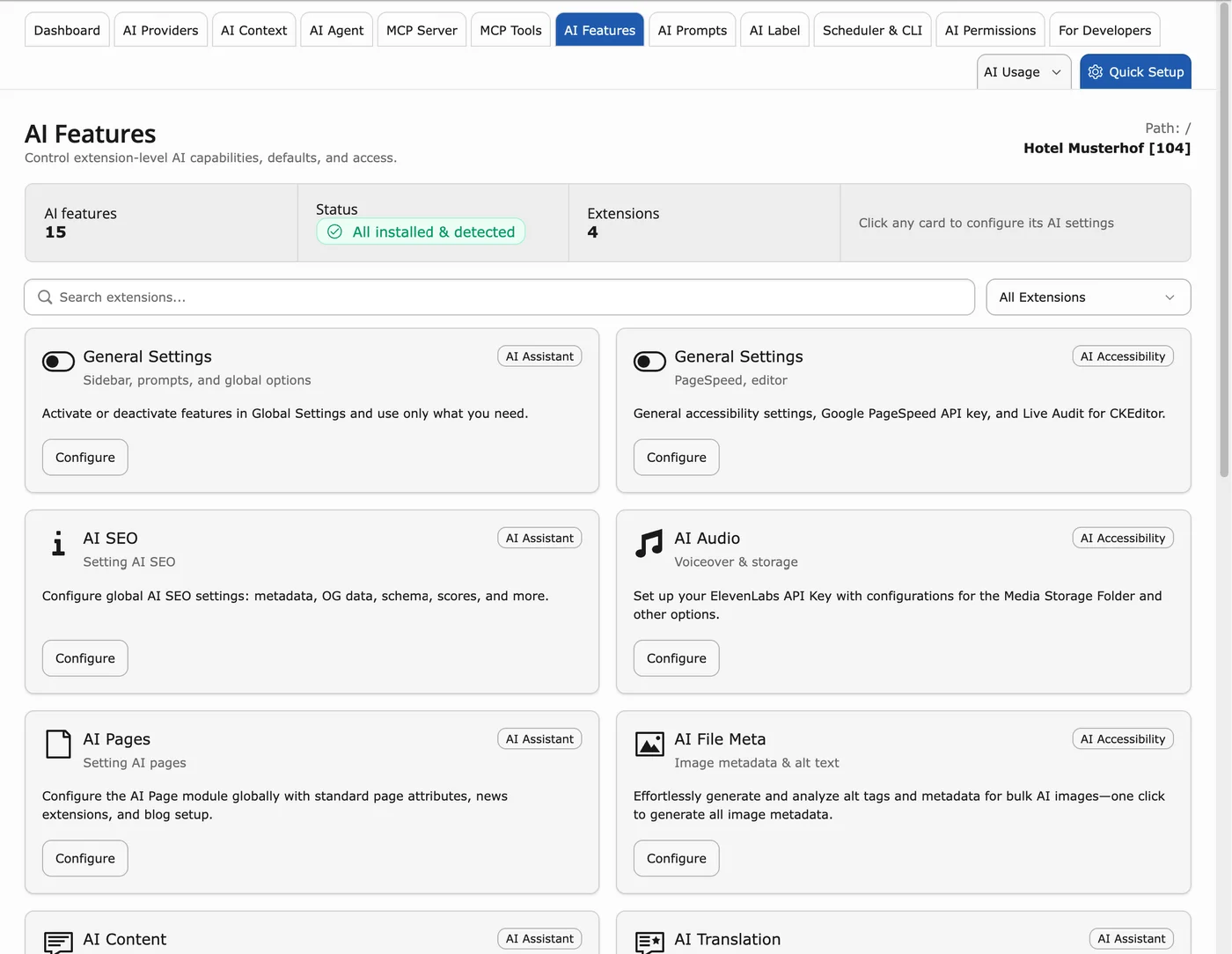 AI Features in TYPO3 v14: the AI capabilities of each installed extension, sample site