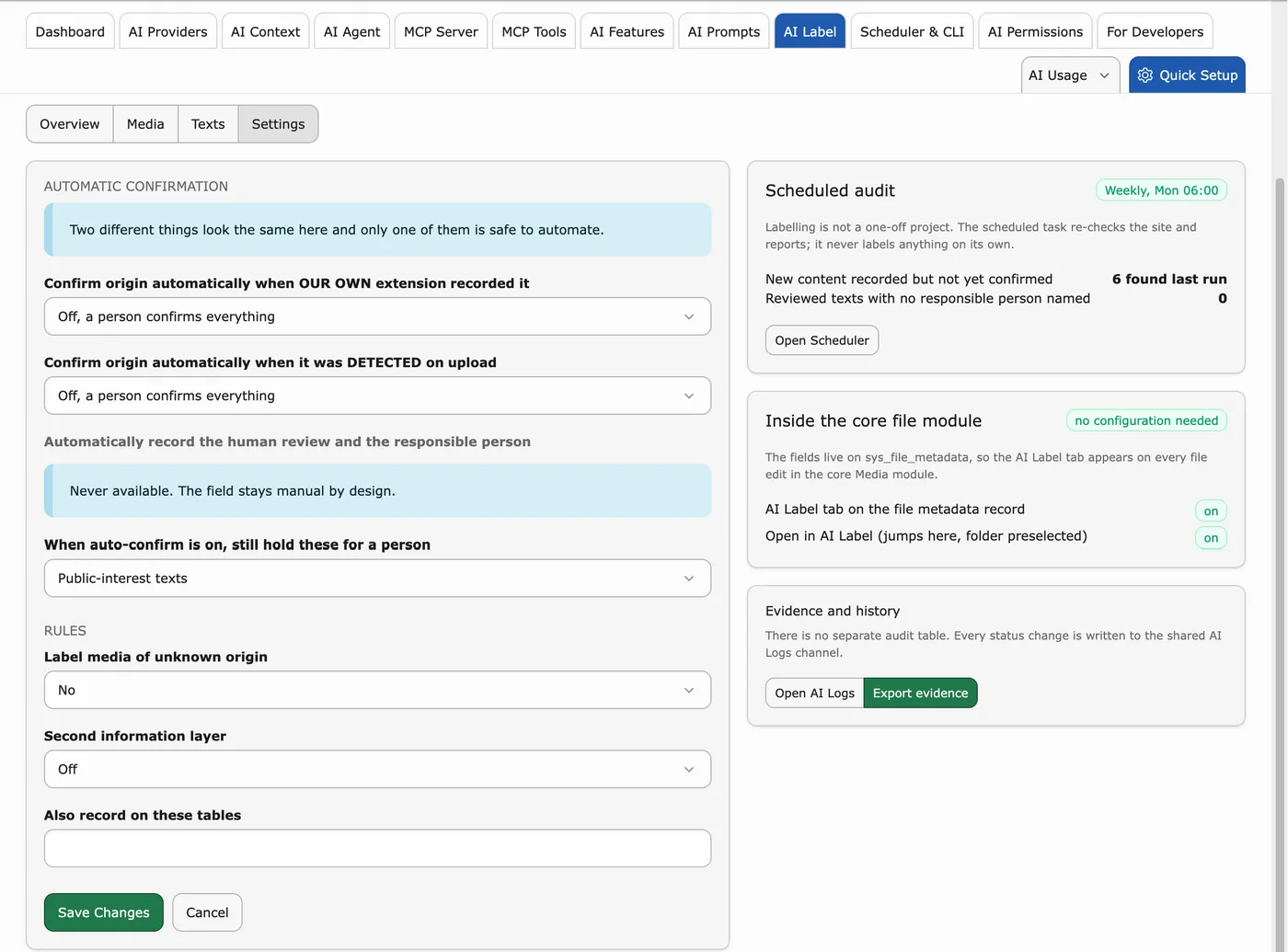 AI Label settings: automatic confirmation and rules, TYPO3 v14