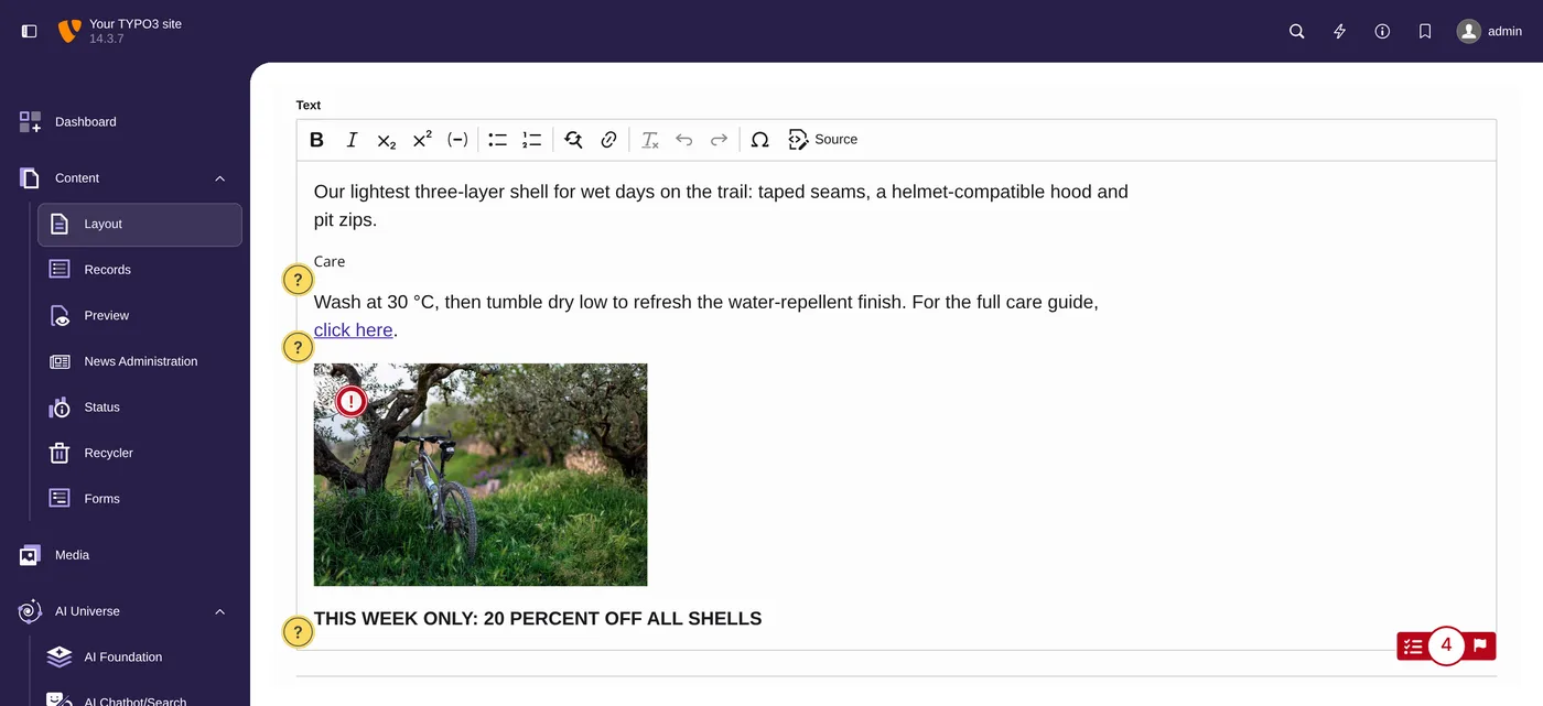 TYPO3-Editor mit Editoria11y-Markierungen an einer übersprungenen Überschrift, einem click-here-Link, einem Bild und einer Großbuchstaben-Zeile, Panel mit 4 Funden. Mit Beispieltext nachgestellt.
