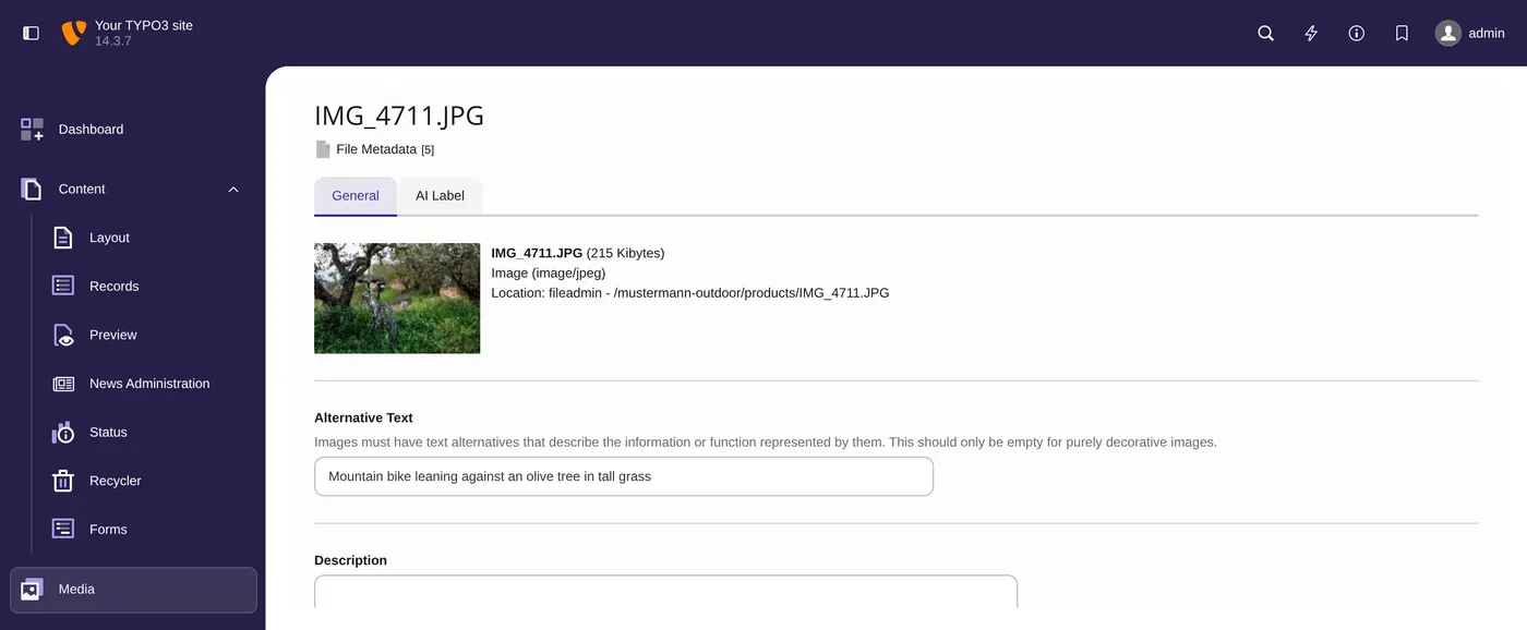 TYPO3-Formular der Dateimetadaten für IMG_4711.JPG mit ausgefülltem Alternativtext.