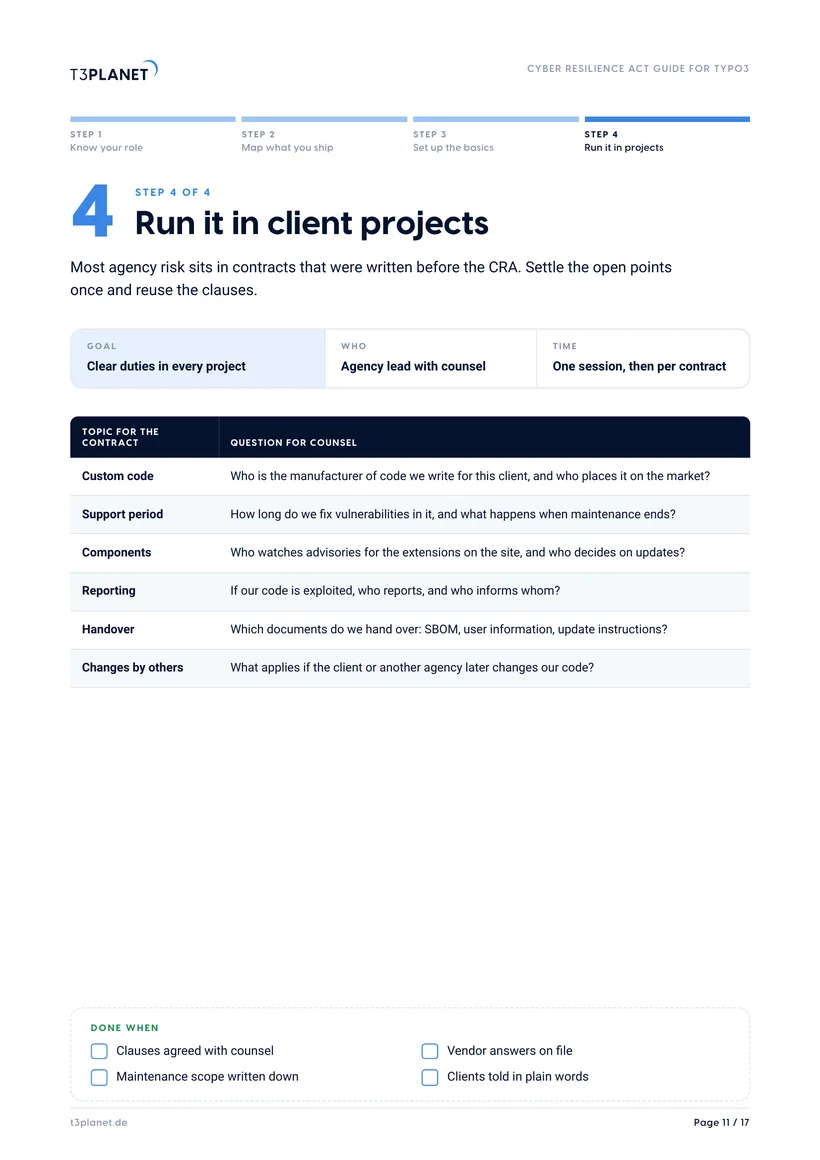 Guide page 11: contract topics and the question for counsel