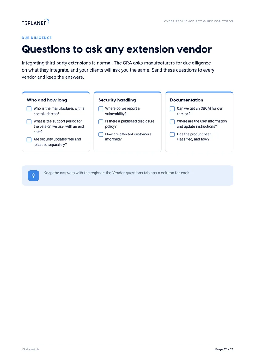 p. 12: Questions to ask any extension vendor