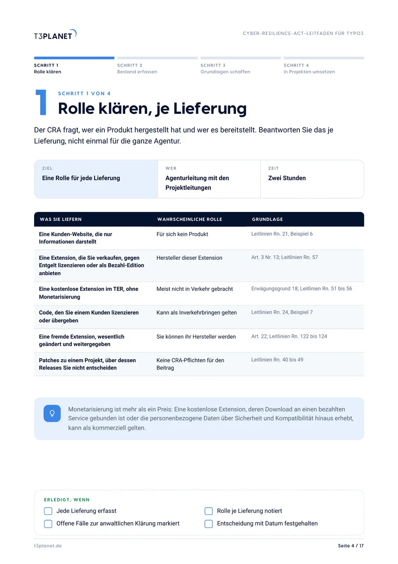 Beispielseite aus dem CRA-Leitfaden: Rolle klären, je Lieferung