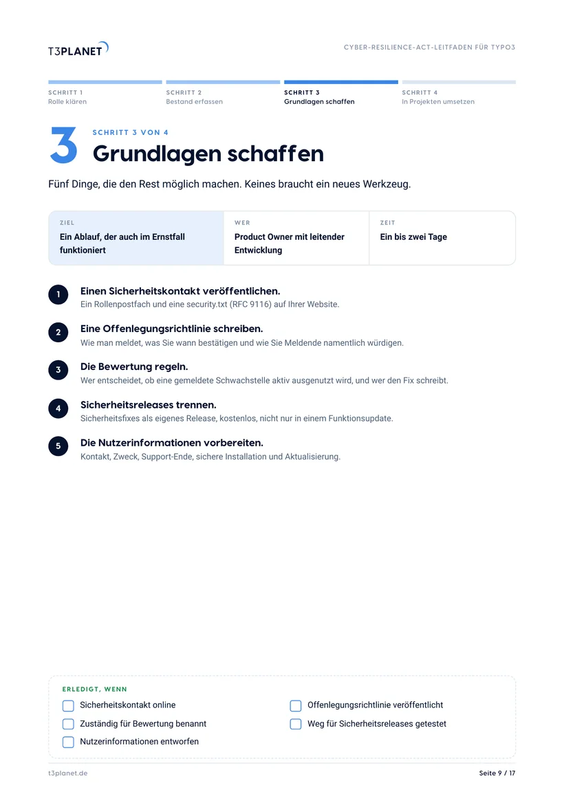 Leitfaden Seite 9: fünf Grundlagen mit Checkliste