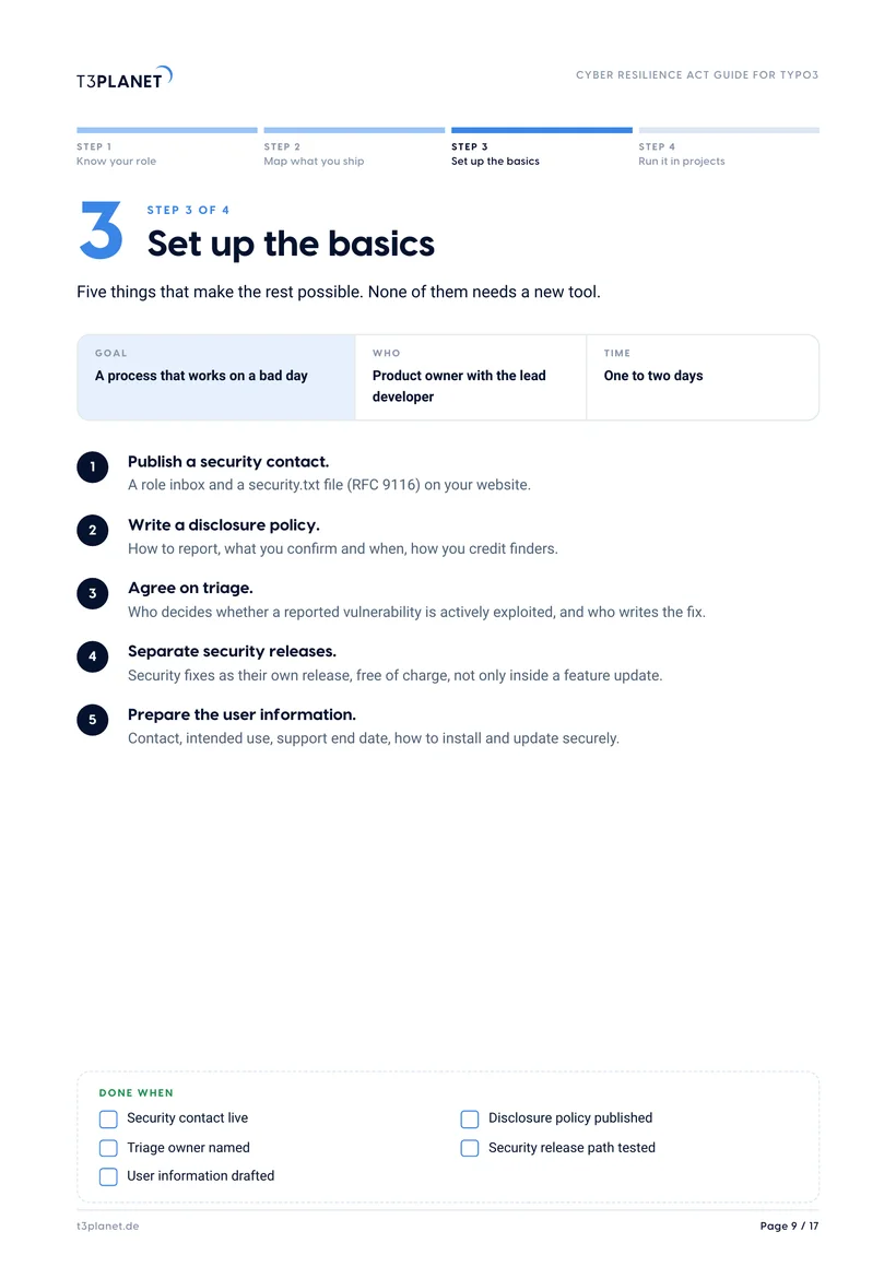 Guide page 9: five basics with a done-when checklist