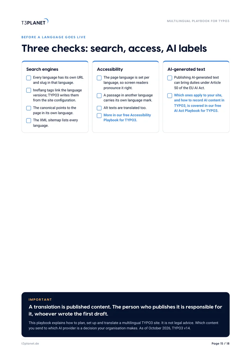 p. 15: Three checks before a language goes live