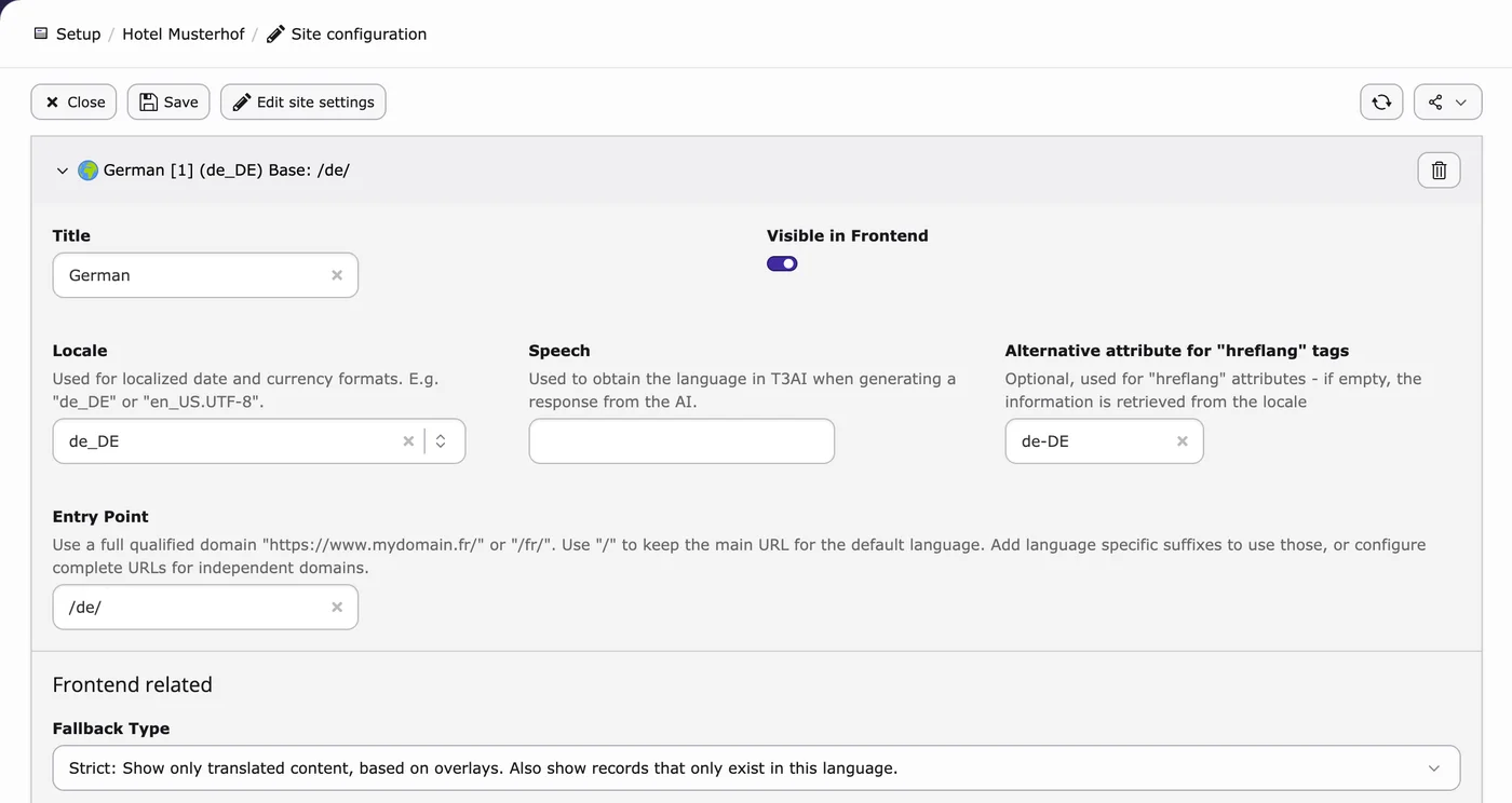 Site-Konfiguration in TYPO3 v14: eine Sprache mit Locale, hreflang, Einstiegspunkt und Fallback-Typ, Beispielseite