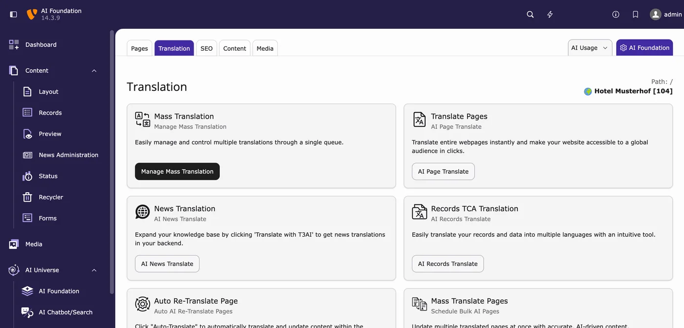 AI Assistant, Reiter Translation in TYPO3 v14: die Übersetzungsaufgaben als Karten, Beispielseite