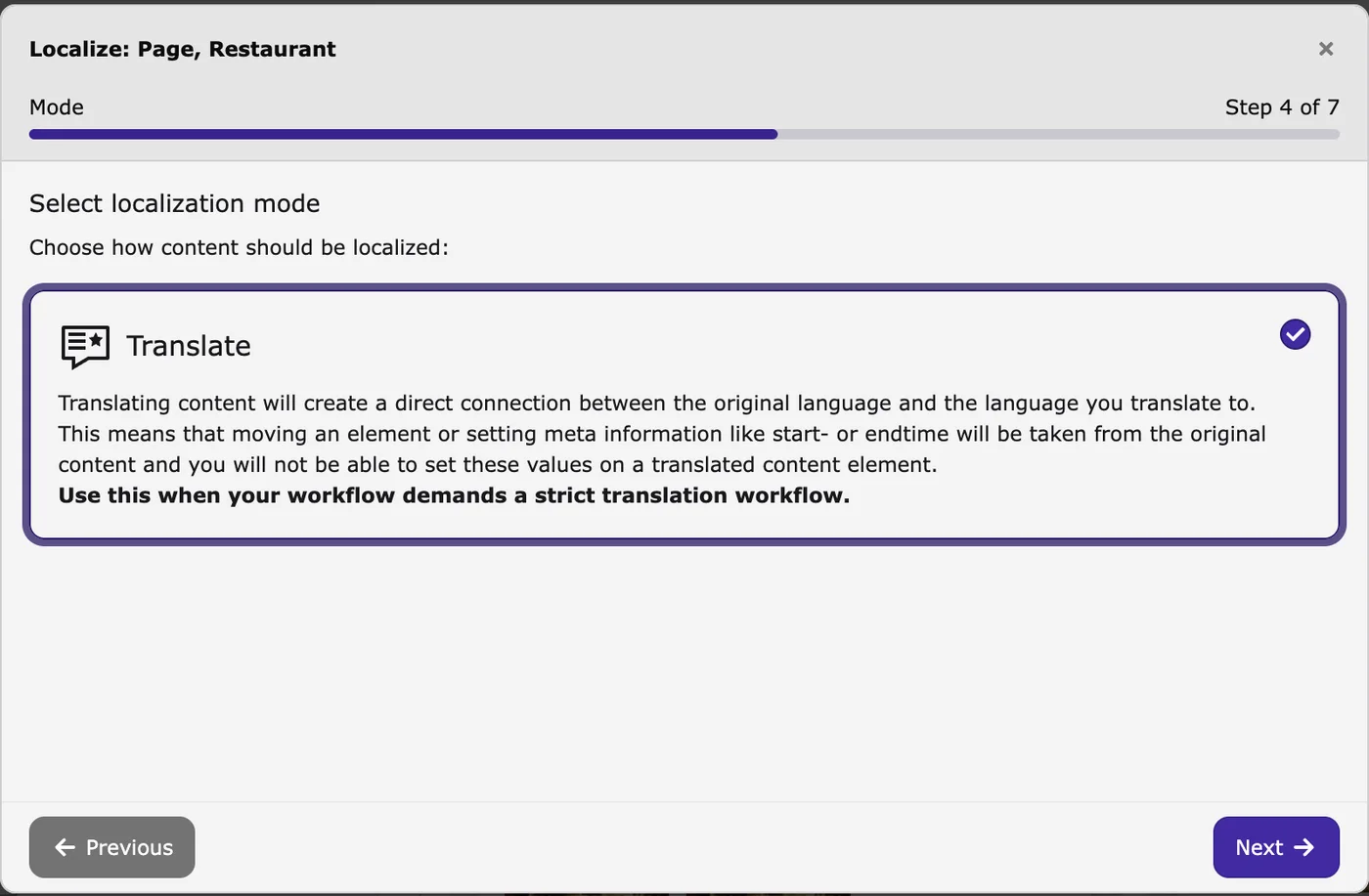 Der Localize-Assistent in TYPO3 v14, Schritt 4: Translate legt eine verbundene Übersetzung an