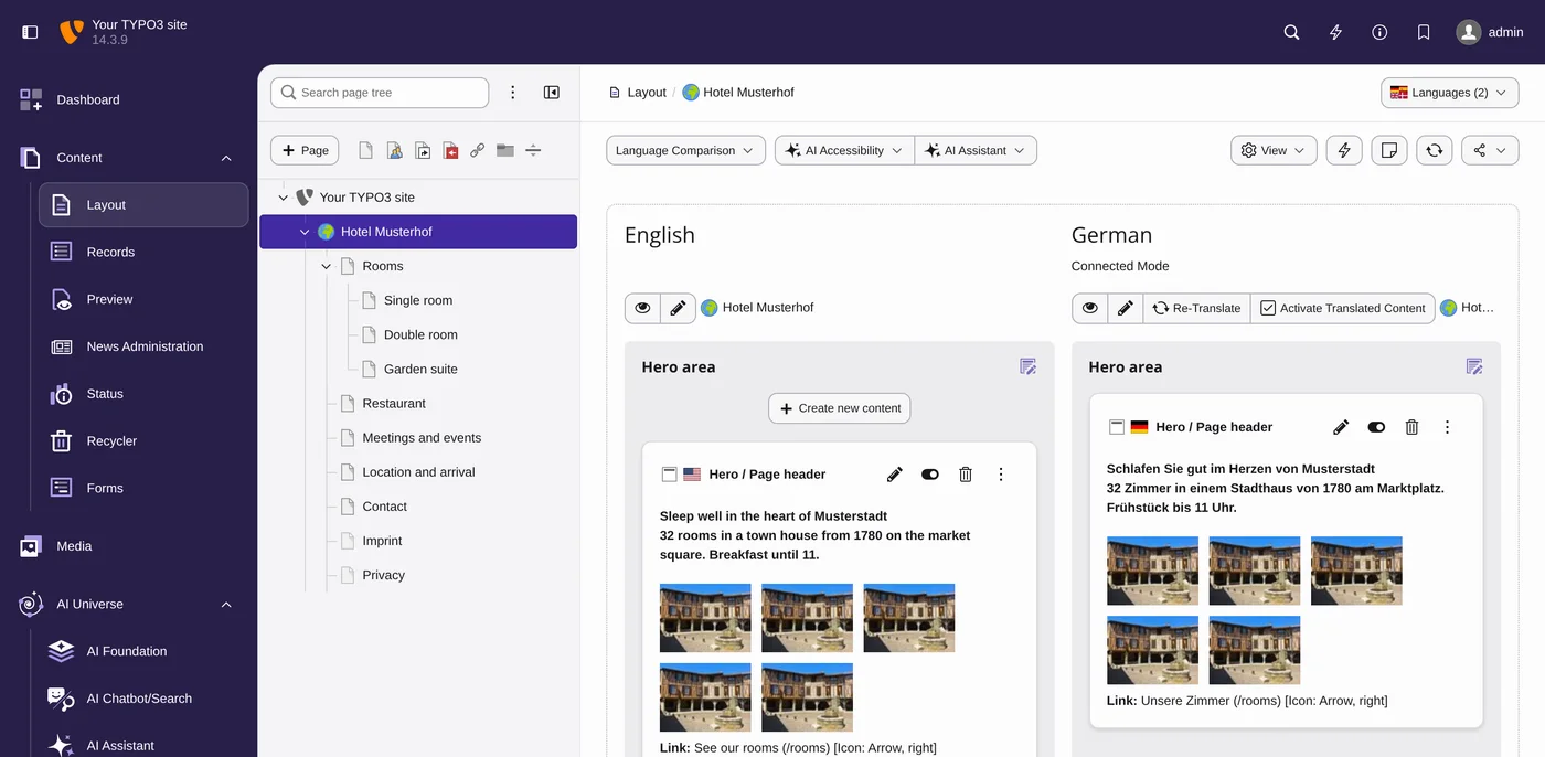 Seitenbaum in TYPO3 v14, aus dem kostenlosen Relaunch-Planungskit für TYPO3