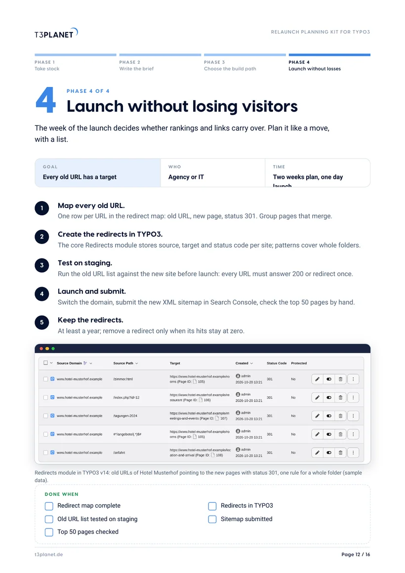 Sample page from the Relaunch Planning Kit: launch without losing visitors