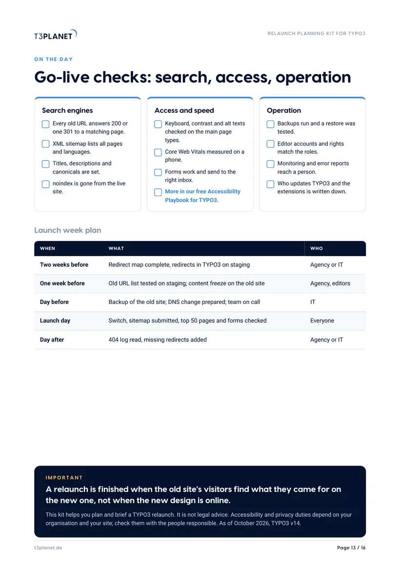 p. 13: Go-live checks