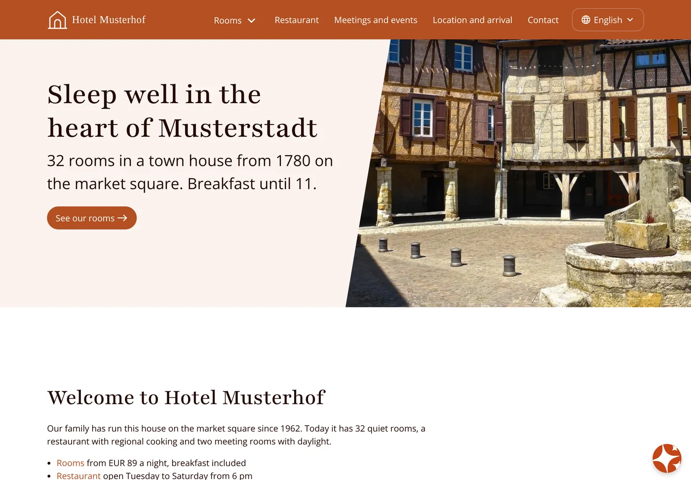 Hotel Musterhof mit dem TYPO3-v14-Core-Theme Camino, Beispiel-Website