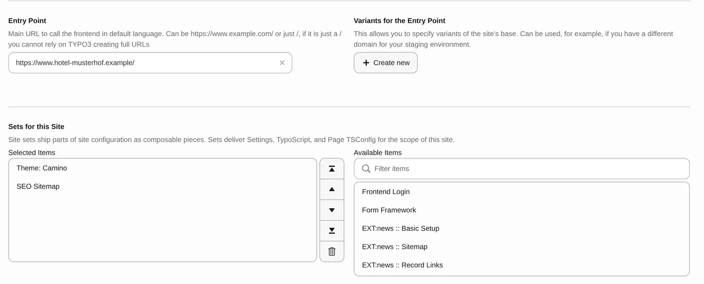 Site-Konfiguration in TYPO3 v14 mit den Sets Theme: Camino und SEO Sitemap, Beispiel-Website