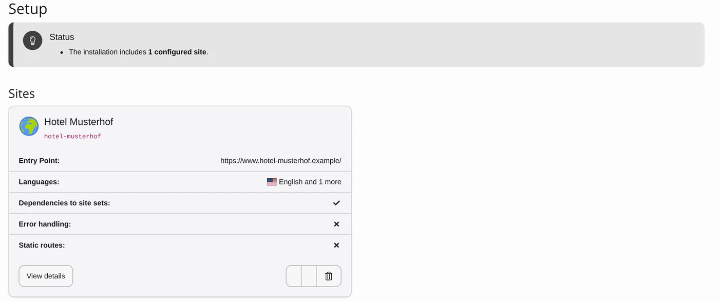 Modul Sites in TYPO3 v14 mit Einstiegspunkt, Sprachen und Site Sets, Beispiel-Website