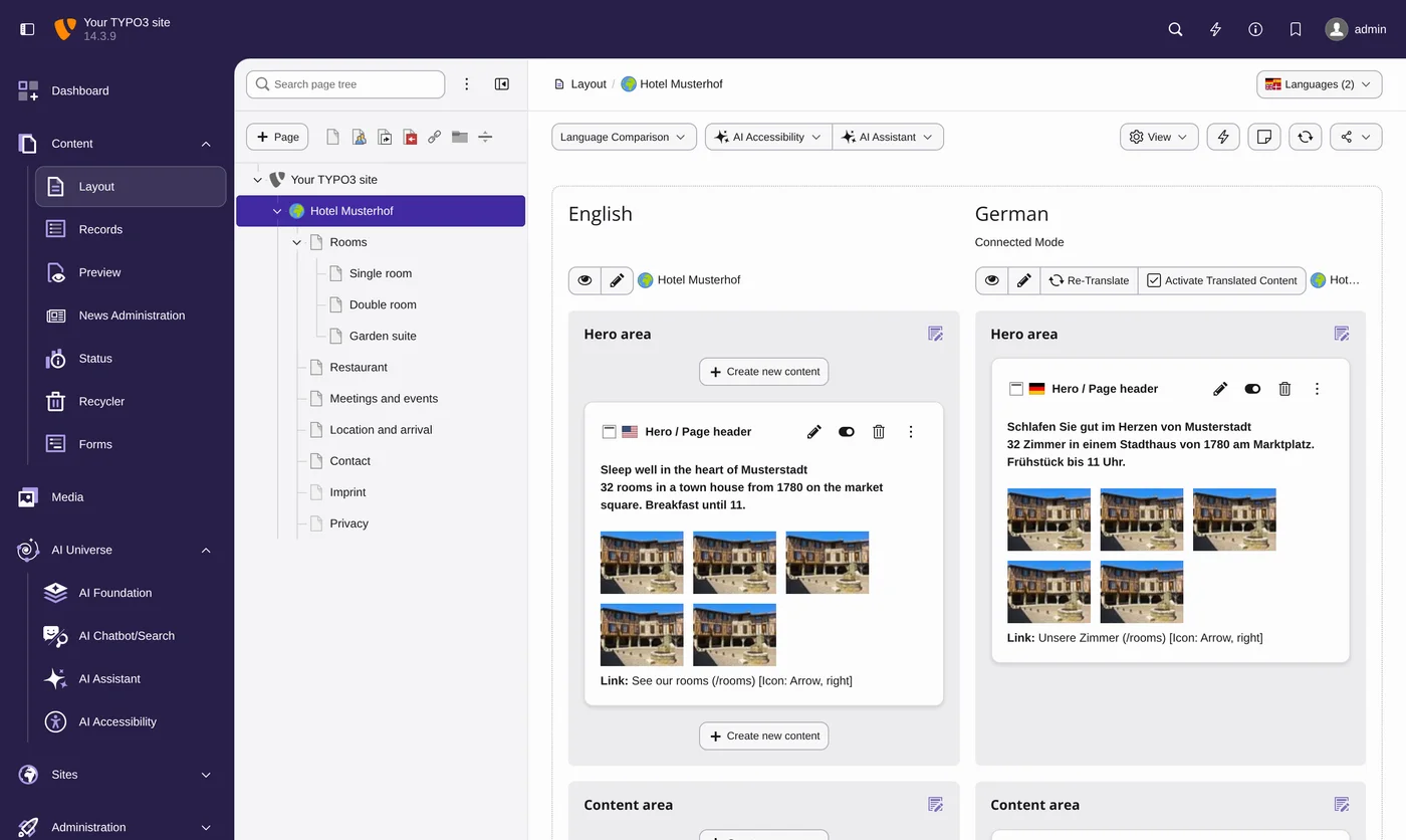 Seitenbaum und Modul Layout in TYPO3 v14, Beispiel-Website Hotel Musterhof