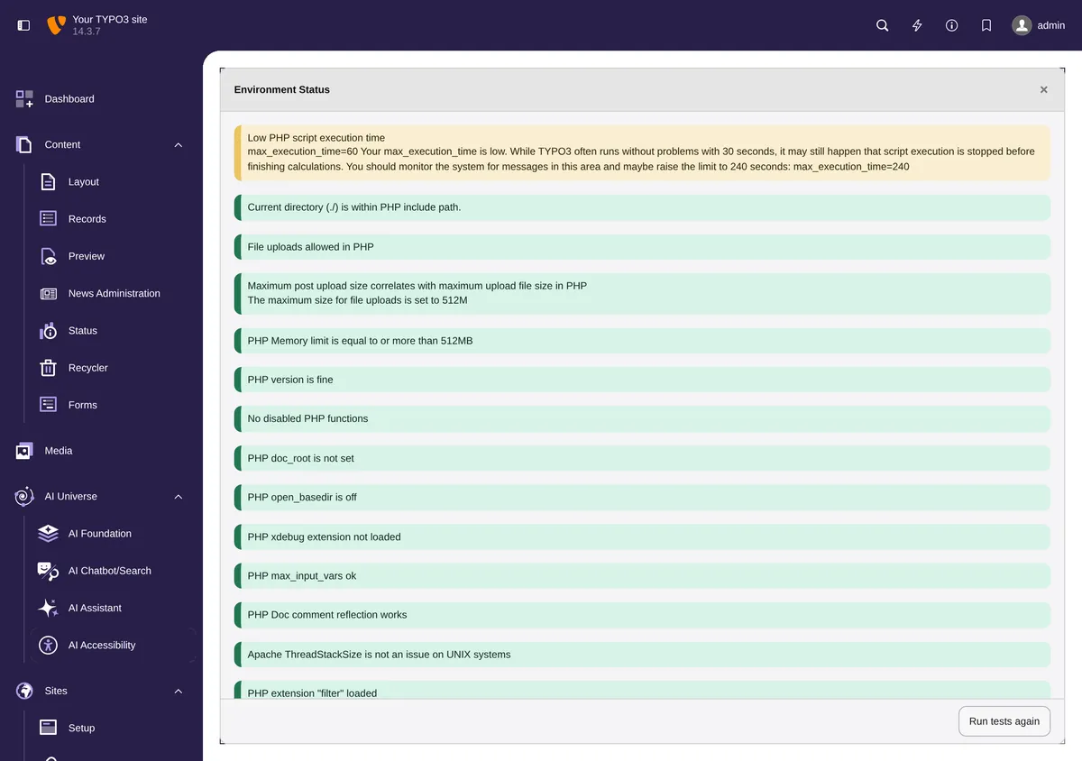 Environment Status: PHP and server checks in TYPO3 v14