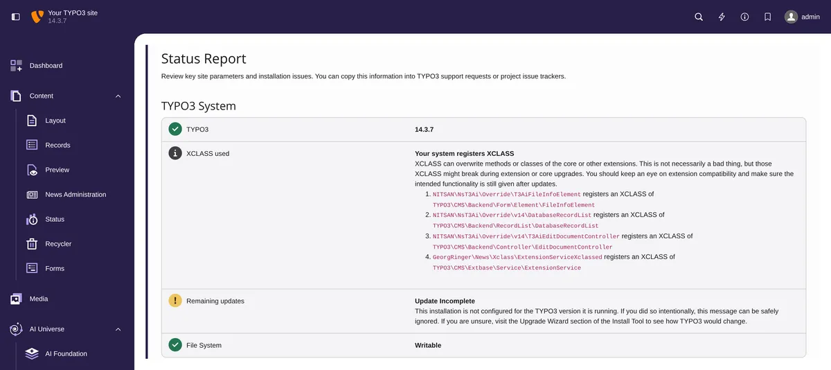 Status Report in TYPO3 v14