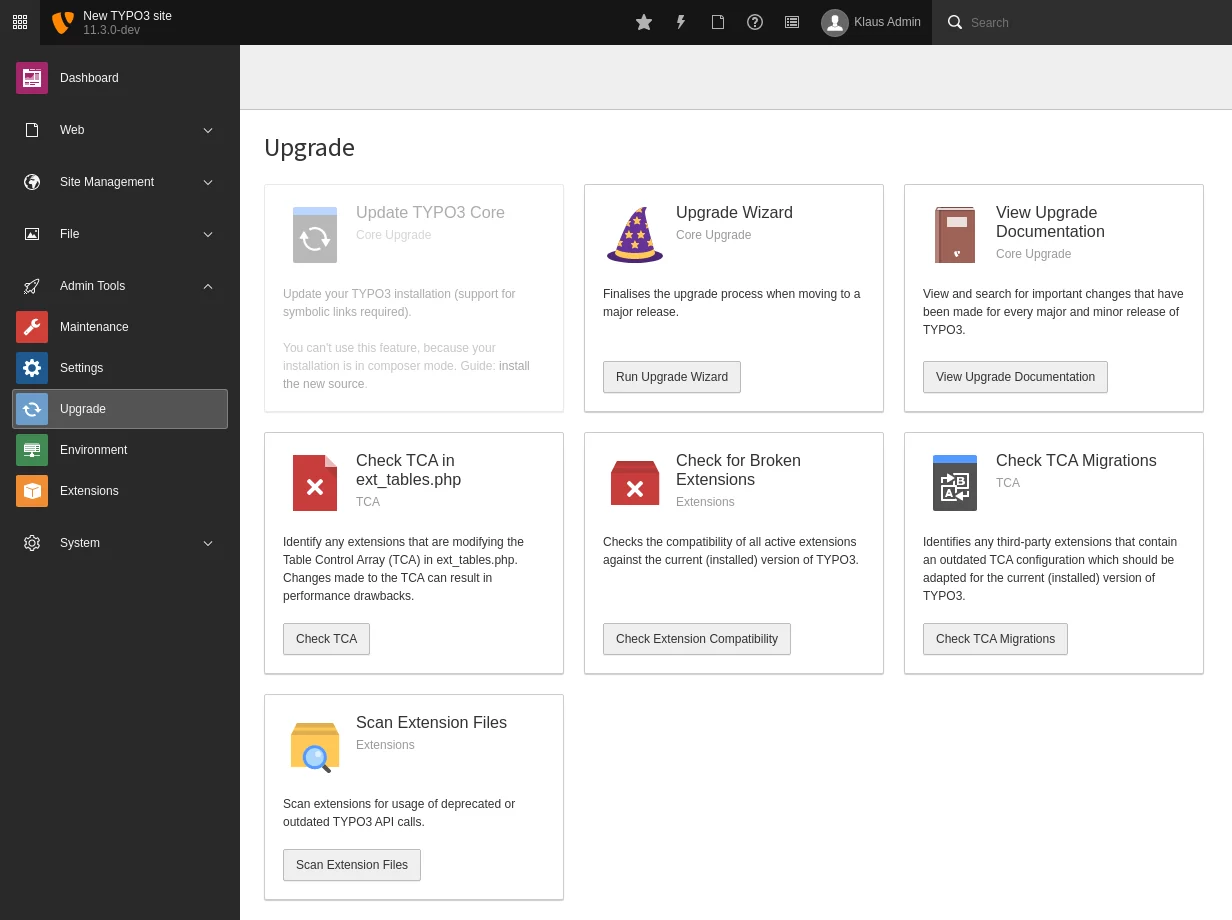 TYPO3 v11 Admin Tools, Upgrade (screenshot: TYPO3 documentation, OPL 1.0)