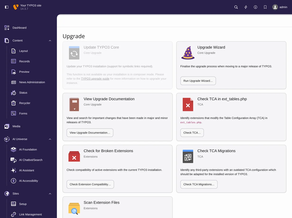 TYPO3 v14 Admin Tools, Upgrade