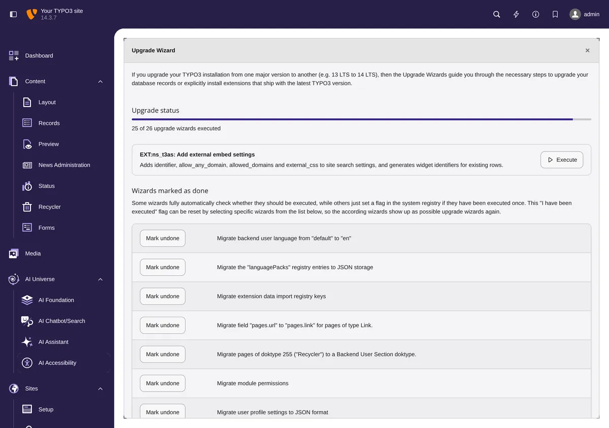Upgrade Wizard in TYPO3 v14