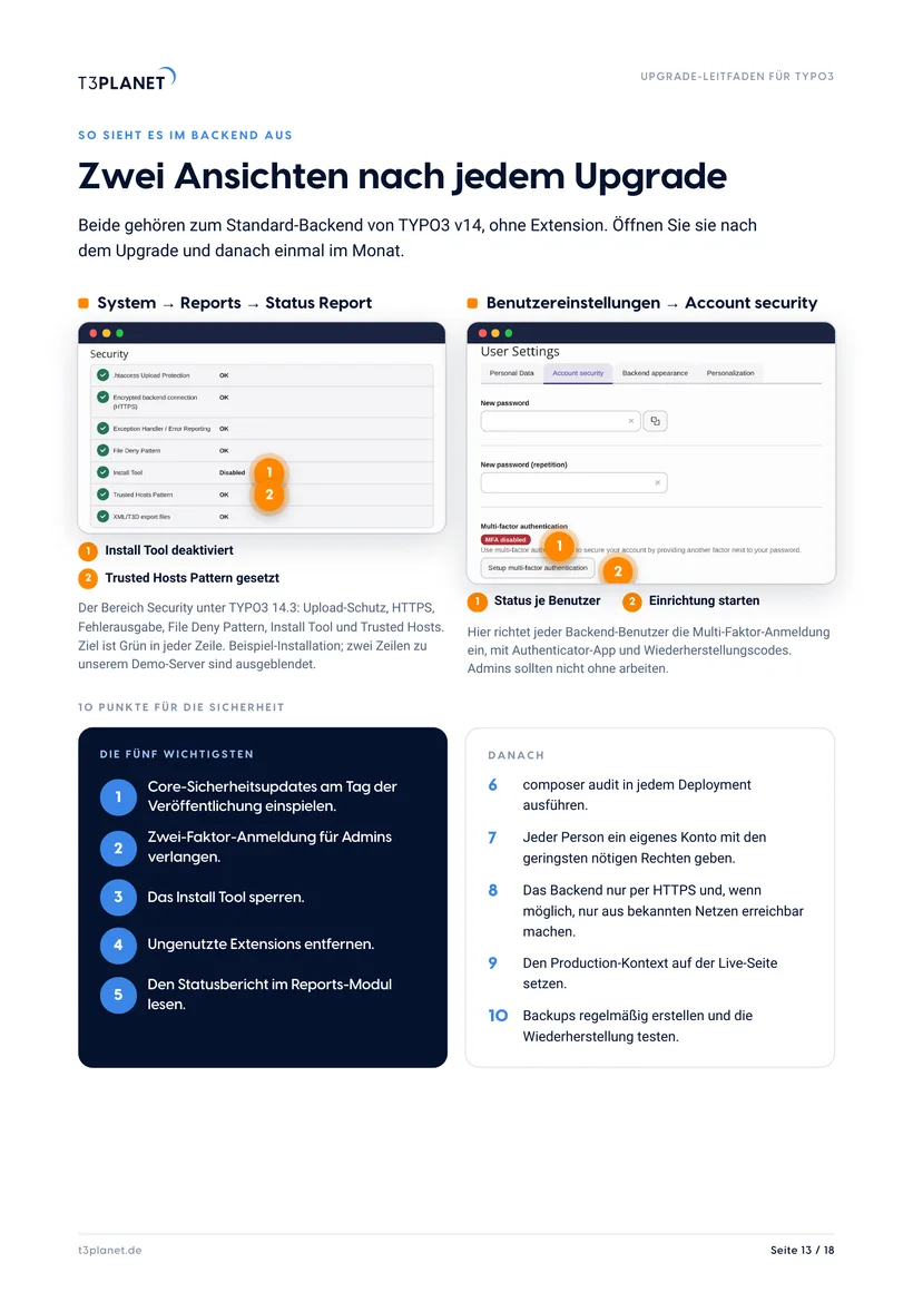 S. 13: zwei Sicherheitsansichten im TYPO3 v14 Backend