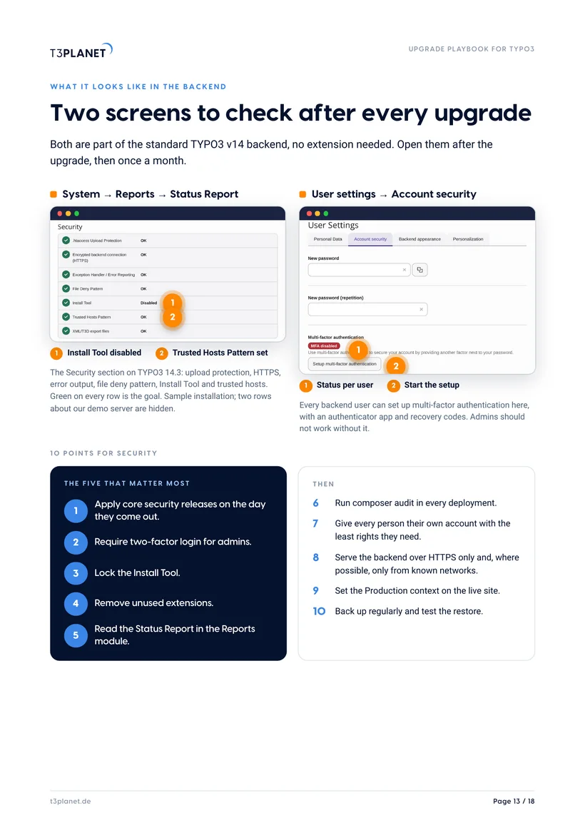 p. 13: two security screens in the TYPO3 v14 backend