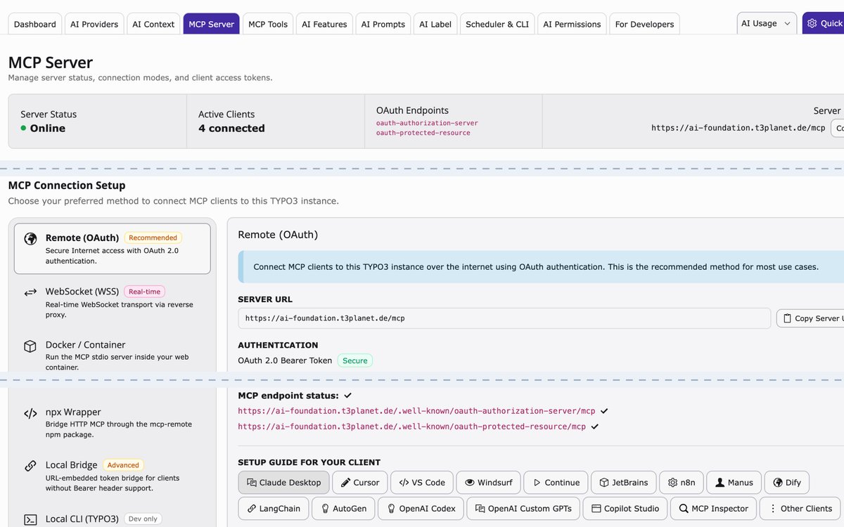 Tab Connect des MCP-Servers von AI Foundation auf unserer Demo: Remote (OAuth) empfohlen und die Server-URL mit /mcp am Ende