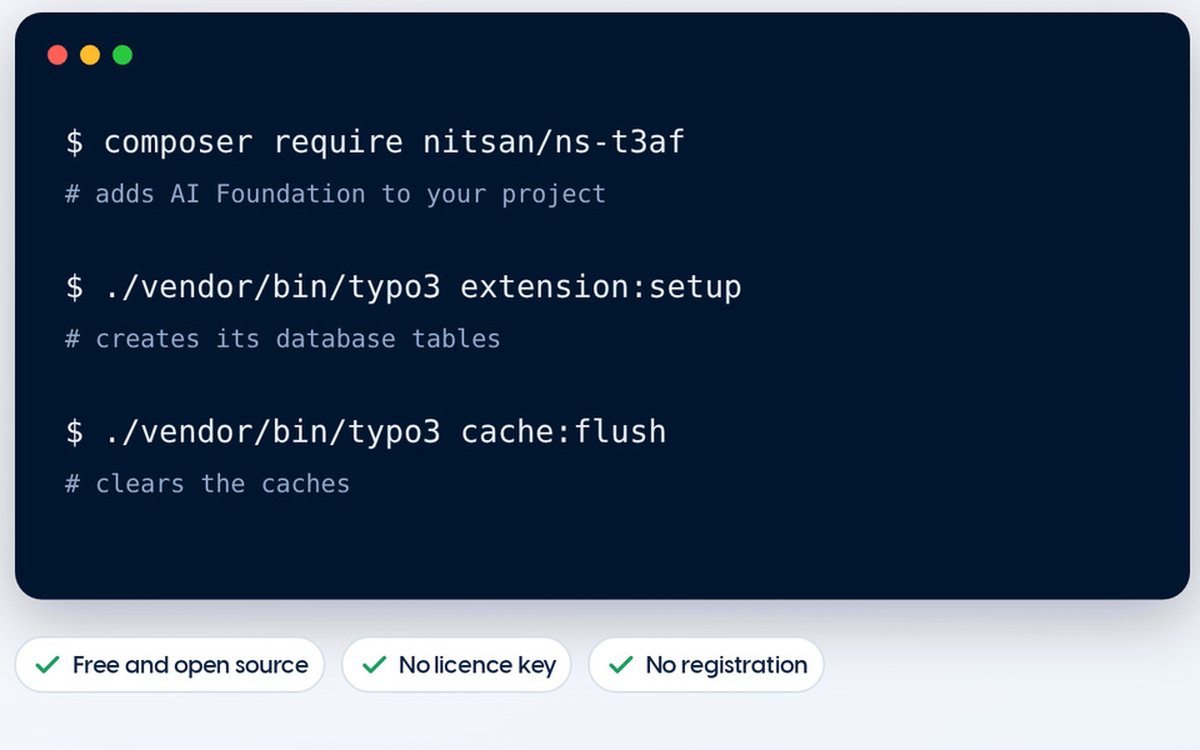 Terminal mit dem Befehl composer require nitsan/ns-t3af, danach extension:setup und cache:flush