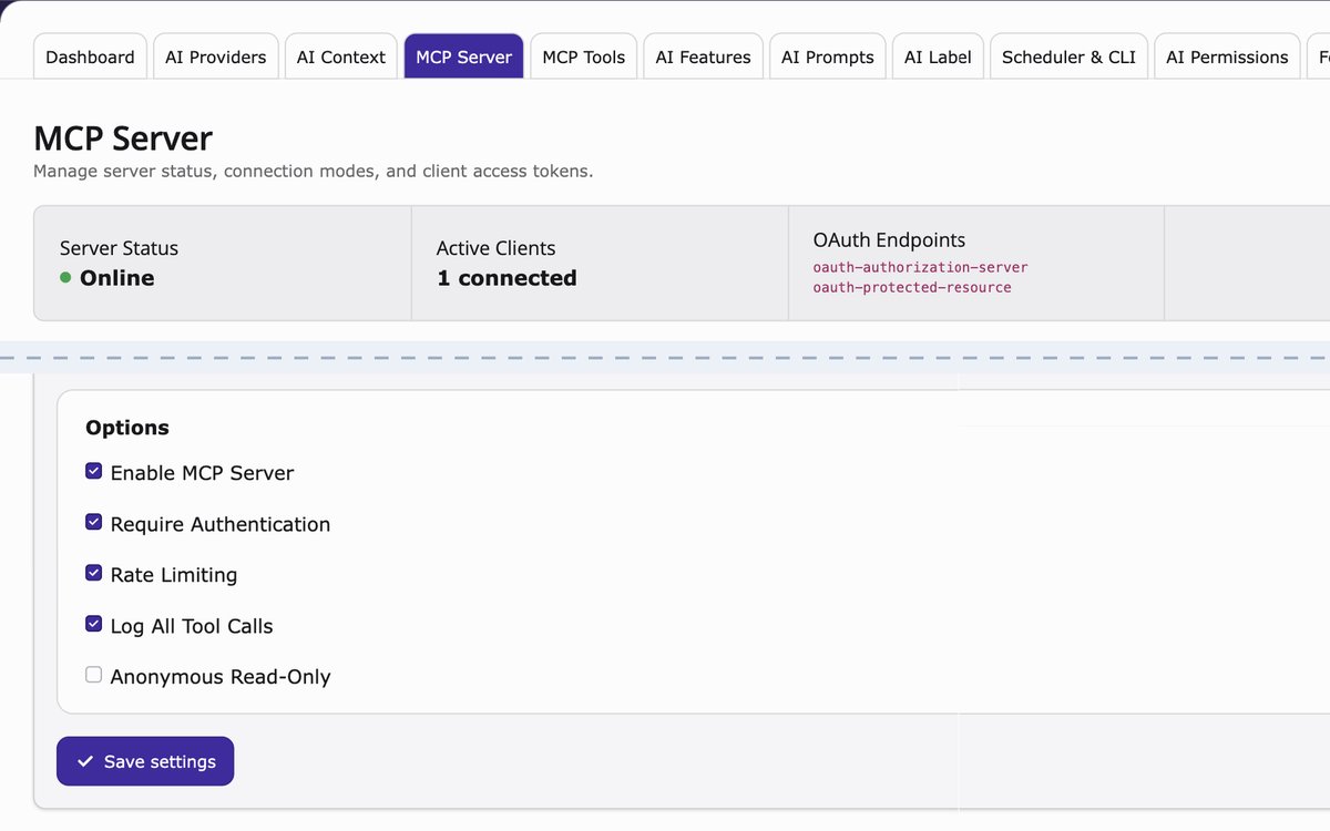 Modul MCP Server von AI Foundation auf unserer Demo: Server Status Online und die Option Enable MCP Server angehakt