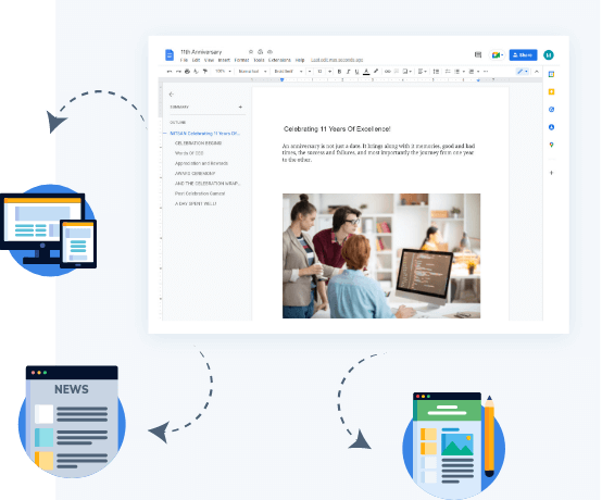 Document editing interface showing a celebration announcement with arrows connecting to various devices like tablets and laptops.