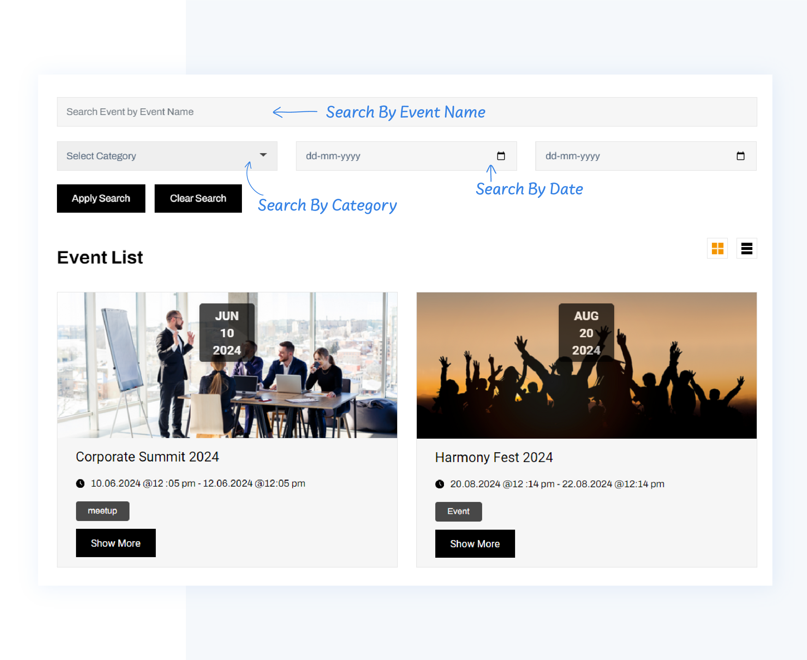 Event Filtration Options for Listing Page