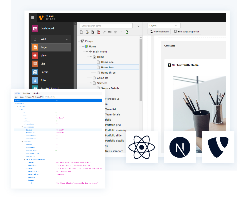 Built with React, Next JS and TYPO3