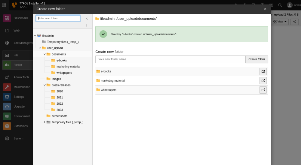 Creating new folders in the Filelist backend module