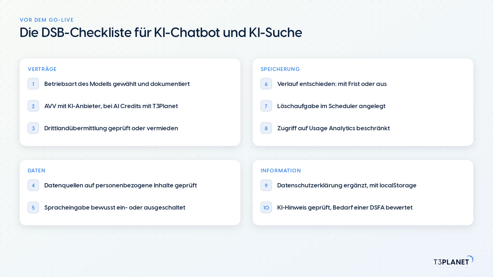 DSB-Checkliste mit zehn Punkten für KI-Chatbot und KI-Suche, gruppiert nach Verträge, Daten, Speicherung und Information