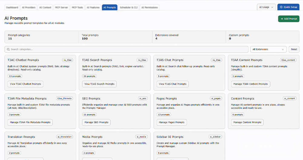 Wiederverwendbare KI-Eingabeaufforderungen für TYPO3-Teams