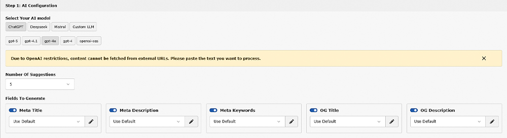 Step 1: Choose AI Model and SEO Fields Step 1: Choose AI Model and SEO Fields