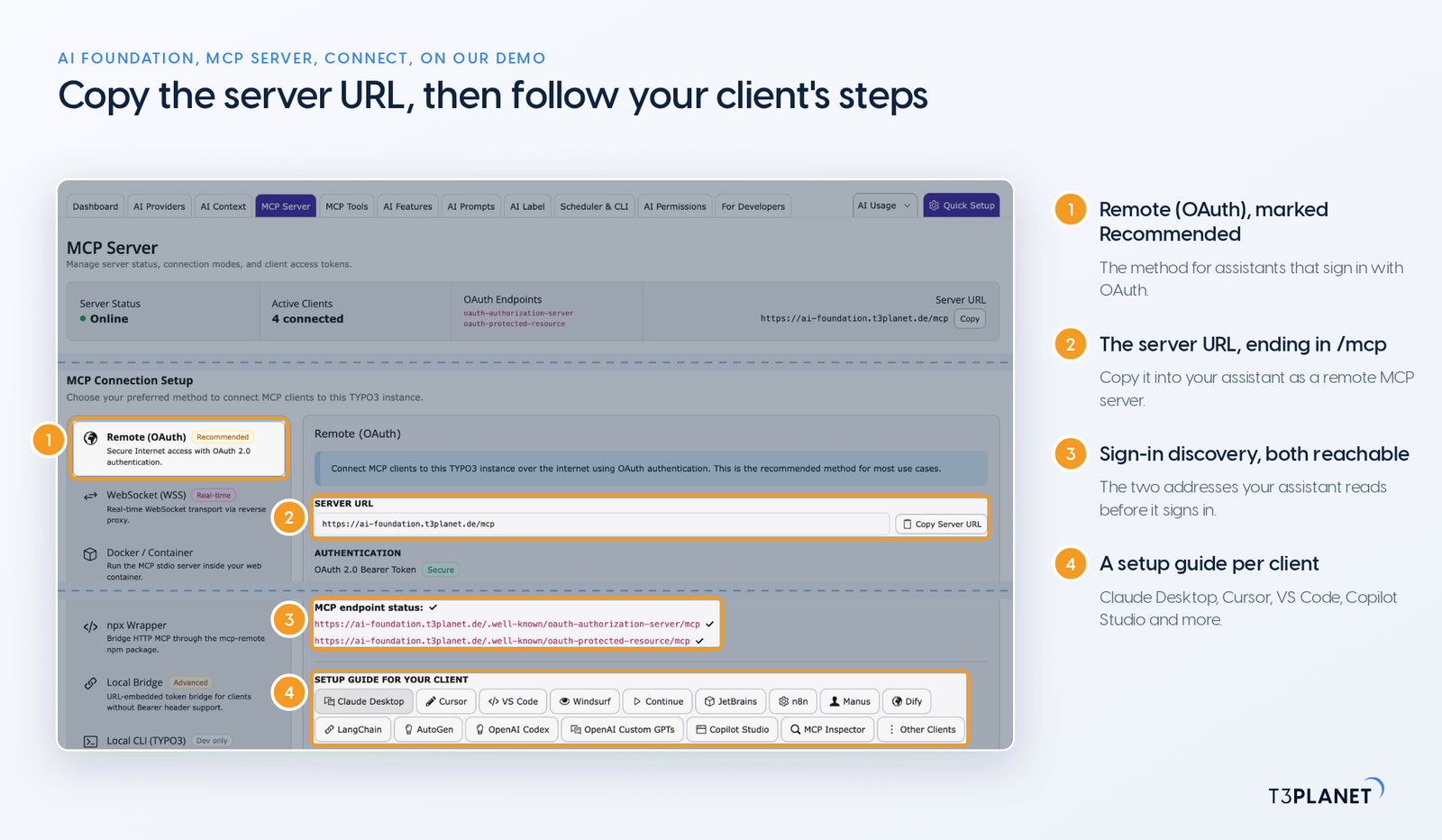 Annotated screenshot of the Connect tab of AI Foundation's MCP server on our demo install: Remote (OAuth) marked Recommended, the server URL ending in /mcp, both OAuth discovery addresses reachable, and the setup guides per client