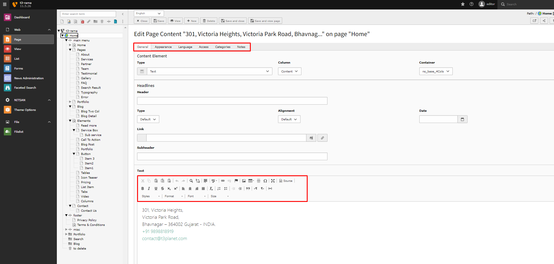 Edit home page Content