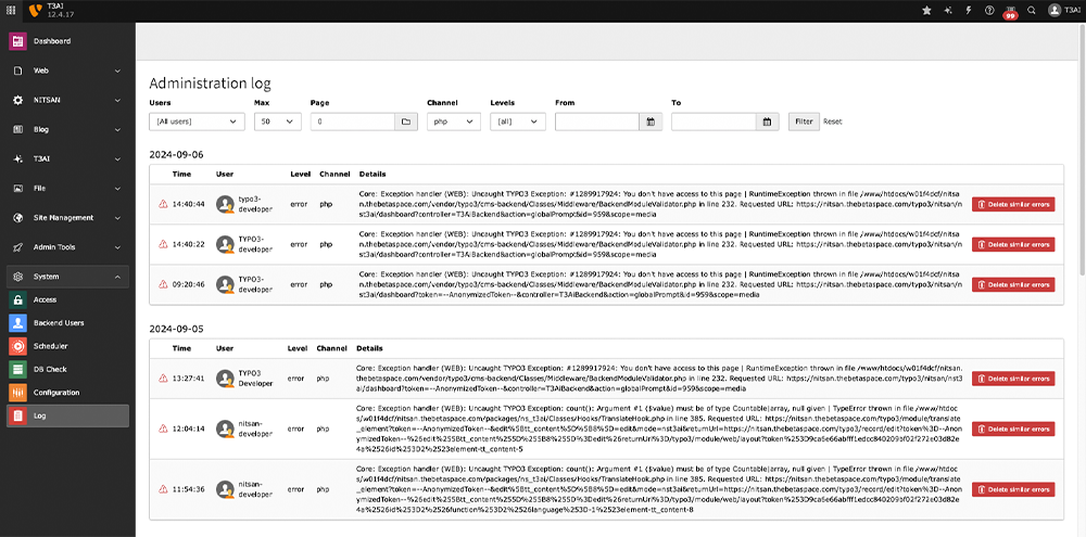 Logs Manager of TYPO3 Core