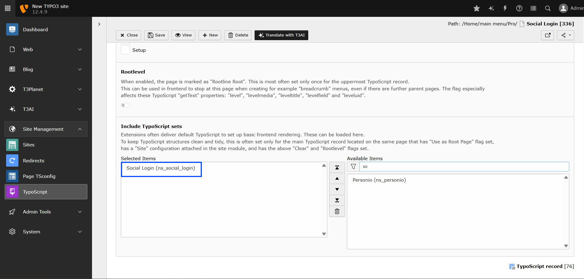 [Translate to German:] Aktivieren Sie TYPOScript für die TYPO3 Social Login Erweiterung